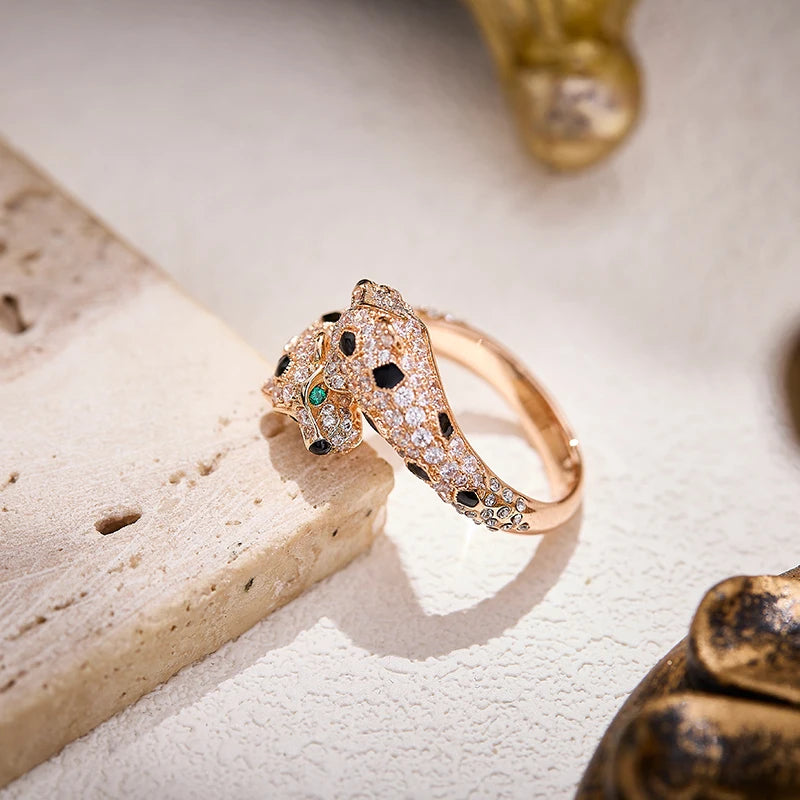 Leopard Head Bracelet & Ring – Gold-Plated Zircon Brass, Luxury Style for Women