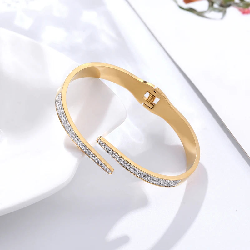 Bracelet Manchette Luxe Zircon – Acier Inoxydable Serti Pavé, Style Géométrique, Pour Femme