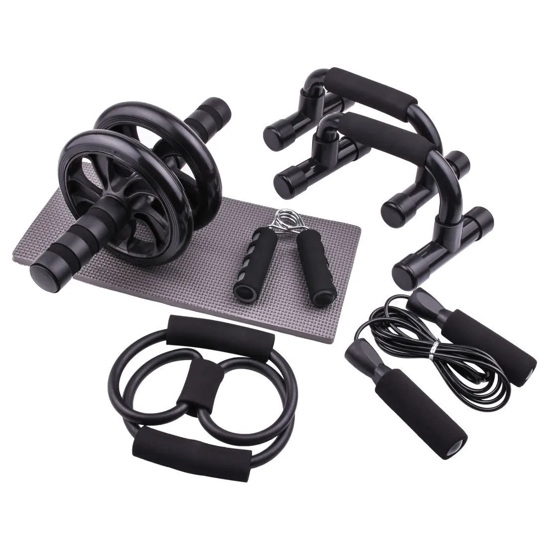 Ensemble Gym – Roue Abdominale, Barres de Pompes, Corde à Sauter & Accessoires