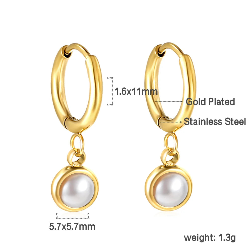 Boucles d'Oreilles Créoles Perle Simulée – Acier Inoxydable Plaqué Or 24K, Style Tendance