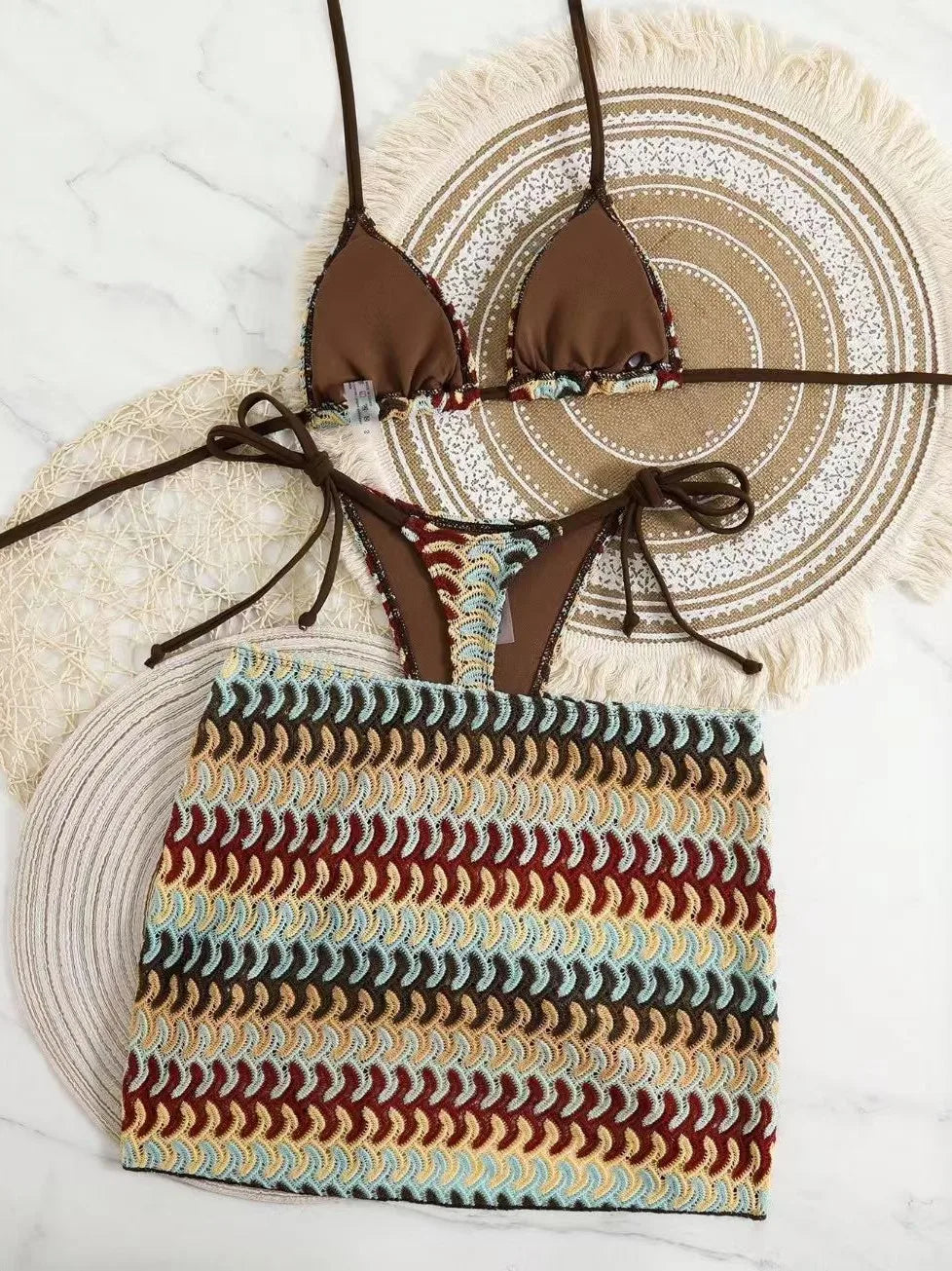 3-Piece Striped Bikini Set – Tie-Neck Halter Top, High-Cut Bottom & Sarong Skirt, Summer Beach Style