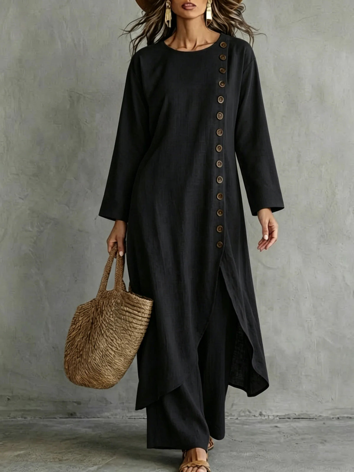 Ensemble pantalon avec tunique asymétrique à boutons décoratifs
