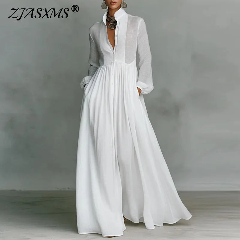Robe Maxi Femme – Col Rond, Manches Lanterne, Taille Empire, Poches, Plissée | Style Élégant