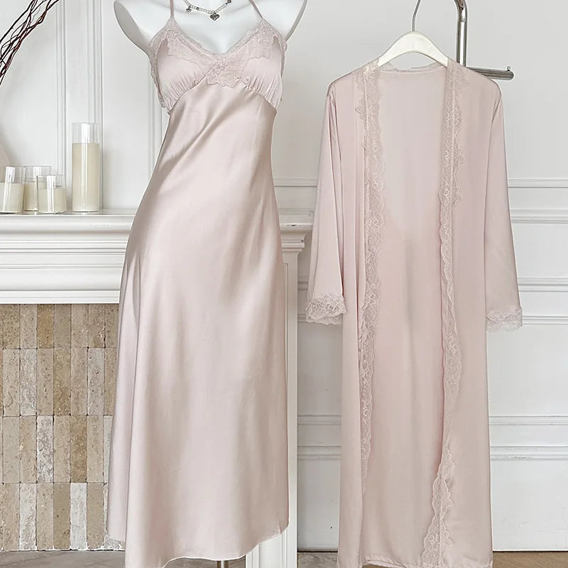 Ensemble Peignoir & Nuisette Femme – Déshabillé Satiné, Bordure Dentelle, Style Élégant & Sexy