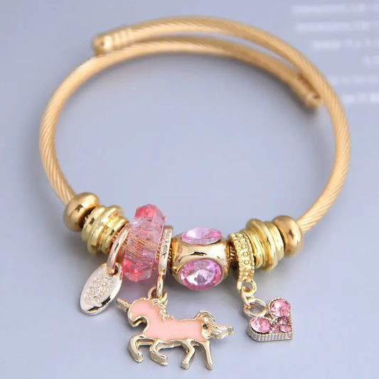 Bracelet Charm Cœur & Cheval – Acier Inoxydable Doré, Cristal, Pour Femme