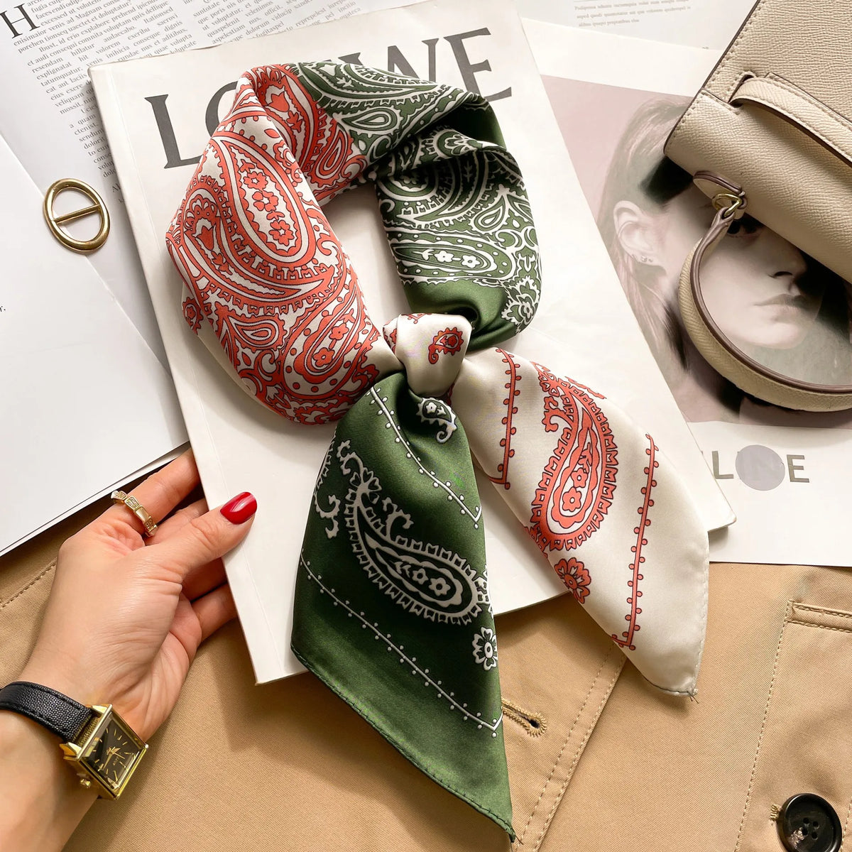 Women’s Square Scarf – Luxury Satin Silk, Elegant Headband & Shawl, 70x70cm