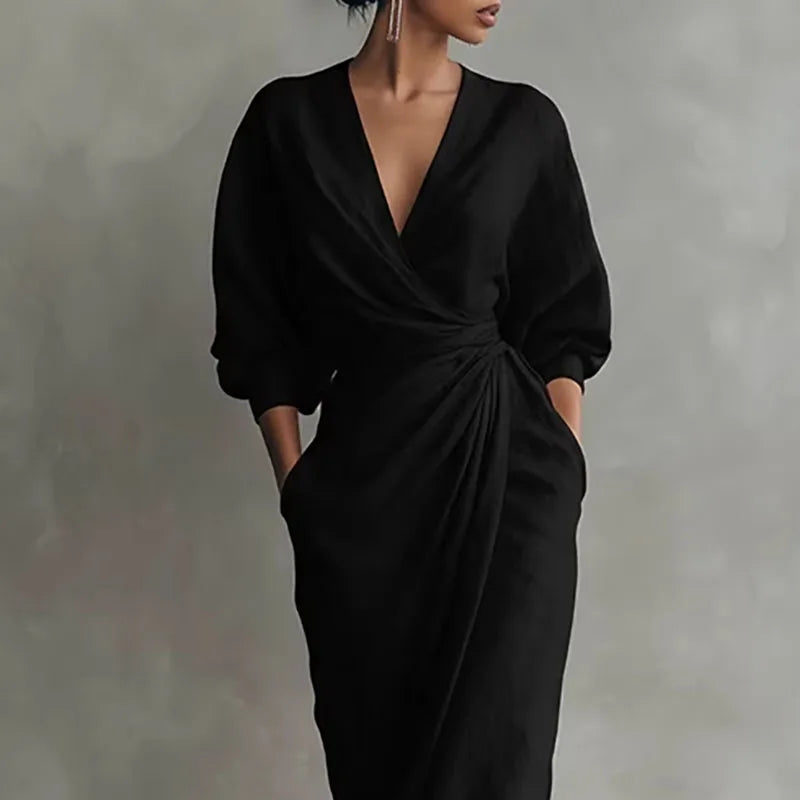 Robe Maxi Femme – Col V, Manches Longues, Taille Empire, Fente | Coupe Slim