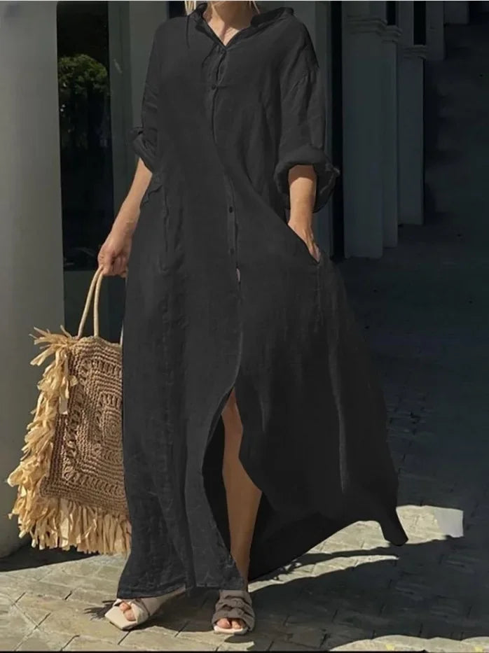 Robe Longue Femme – Coton Lin, Col Rabattu, Manches 3/4, Coupe Ample Oversize, Poches