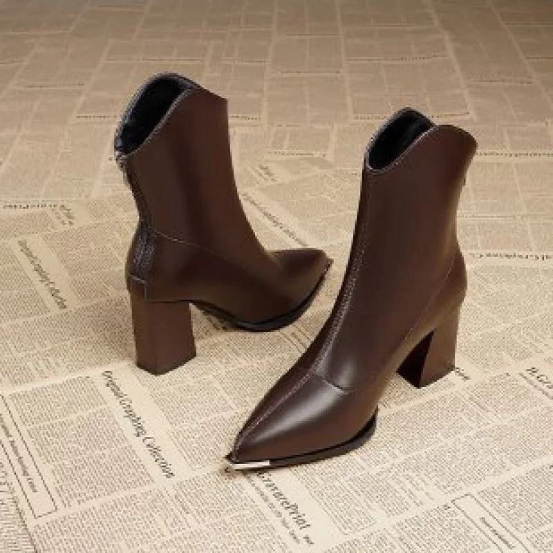 Metallic Pointed-Toe Block Heel Ankle Boots