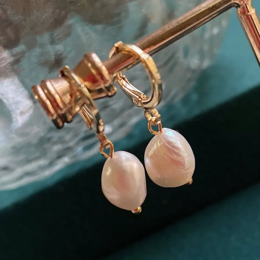 Boucles d'Oreilles Pendantes Perle Baroque Naturelle – Acier Inoxydable Plaqué Or, Longues Franges, Style Coréen