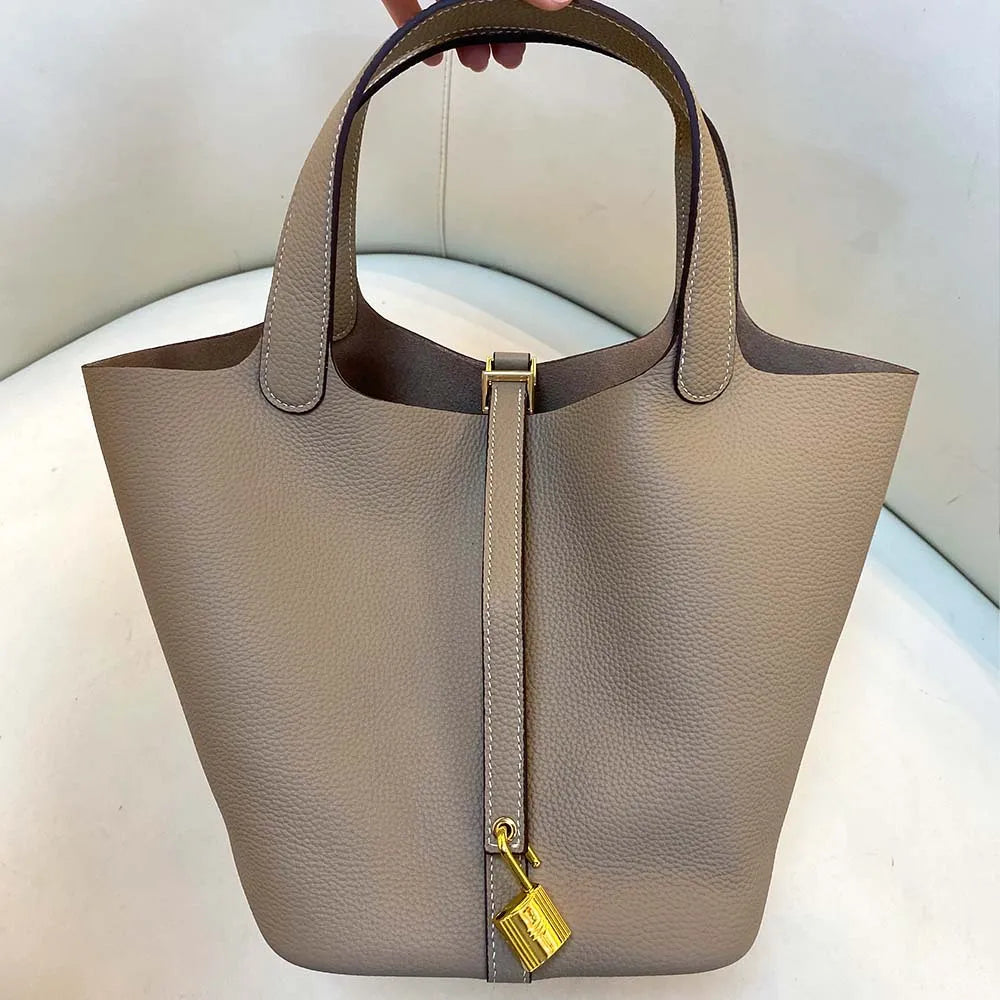Gold genuine leather bucket bag for women - Large luxury designer tote