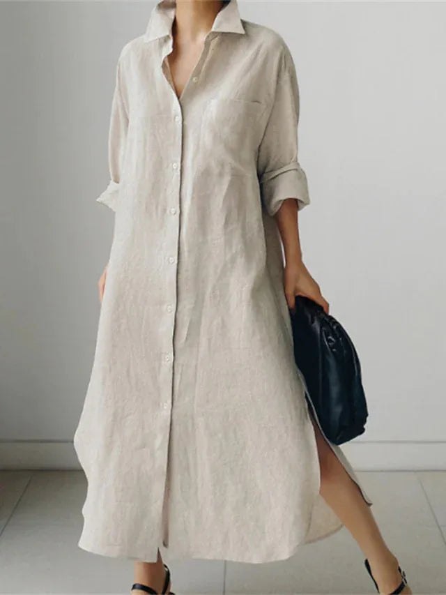 Robe Chemise Femme – Col Rabattu, Manches Longues, Mélange Coton, Coupe Ample | Style Bureau