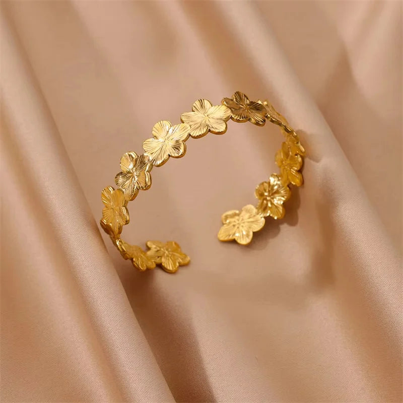 Vintage Floral Cuff Bracelet – Gold Stainless Steel, Botanical Pattern, Aesthetic, For Women