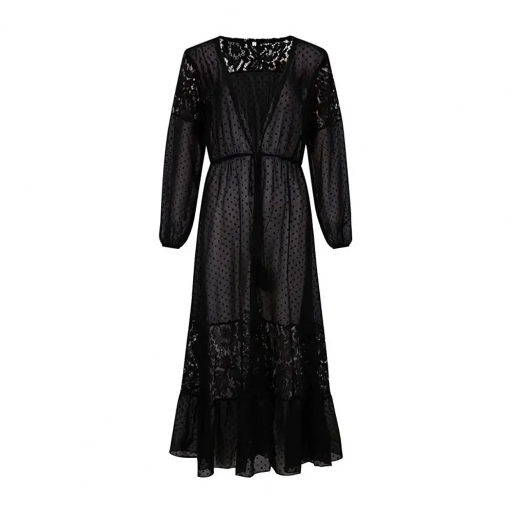 Cache-Maillot Cardigan Dentelle Transparent – Manches Longues, Franges, Col en V, Style Plage Sexy