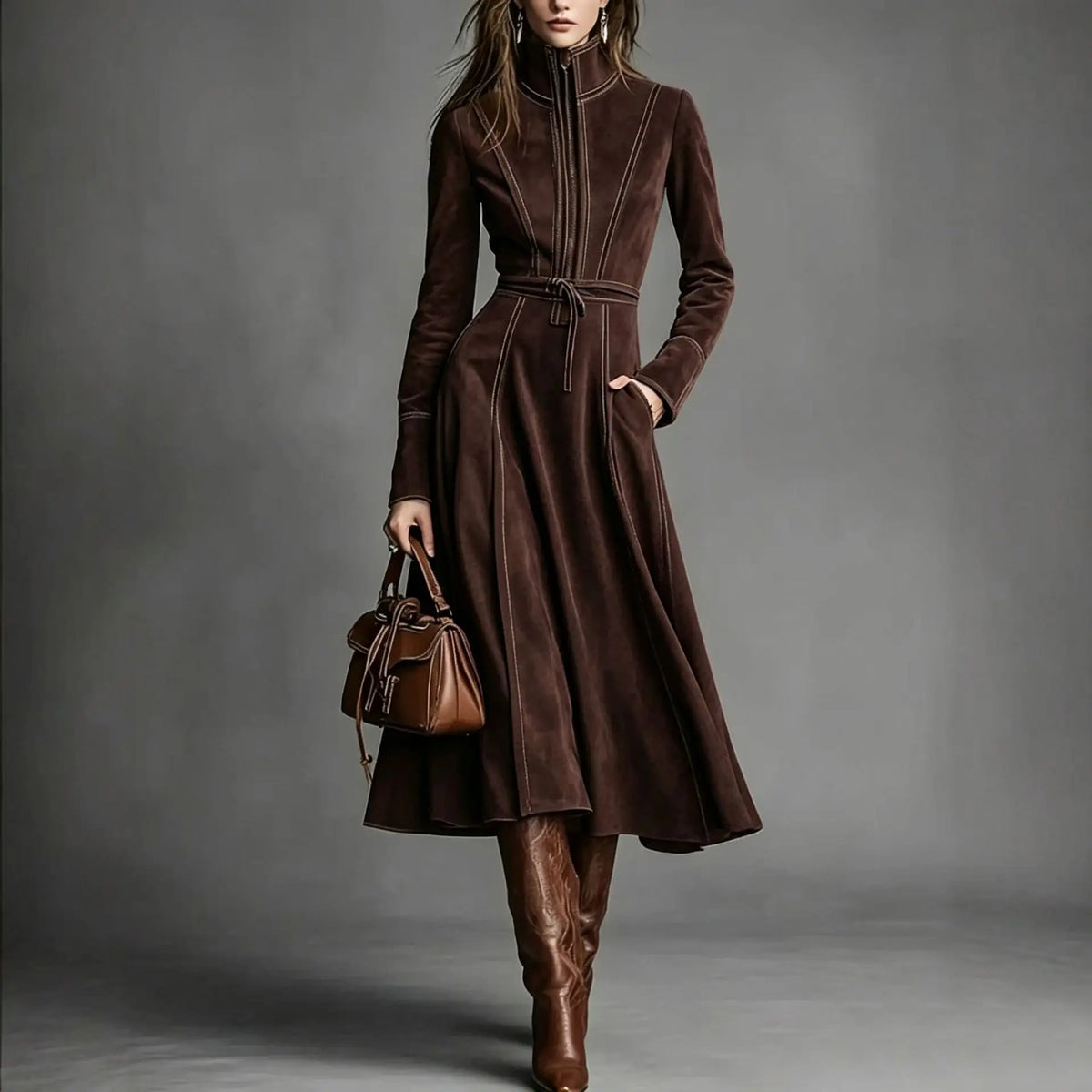 Robe midi en effet suédé, zippée et ceinturée