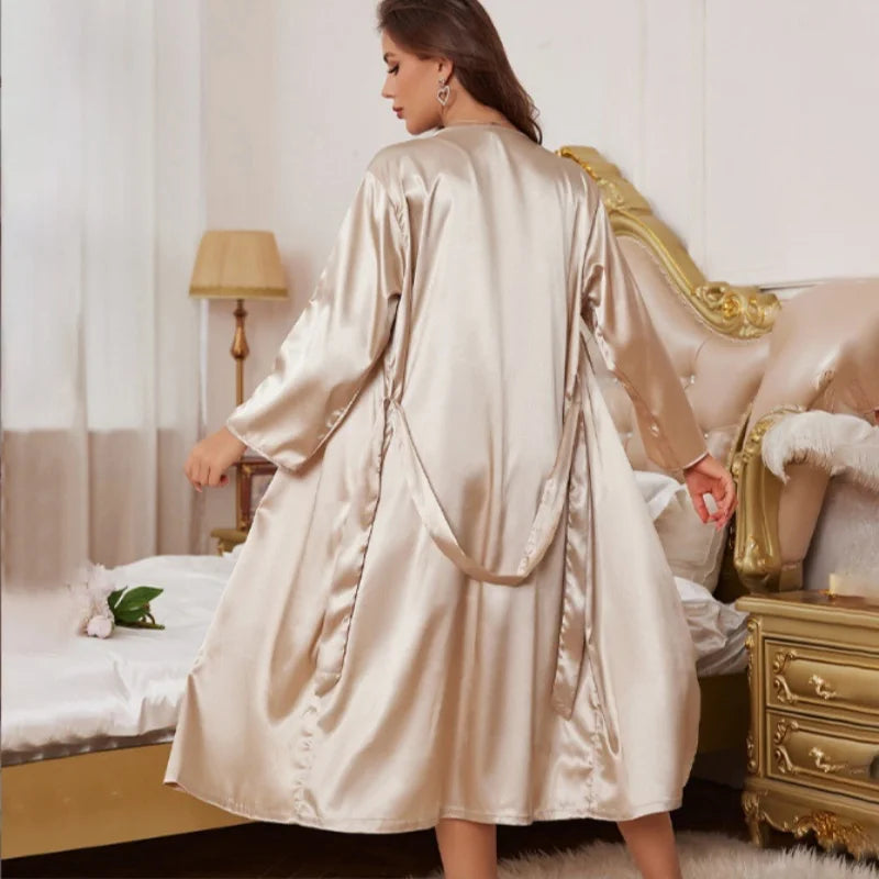 Ensemble Nuisette & Peignoir Femme – Caraco Col Bateau, Manches Longues, Matière Satiné Élastique