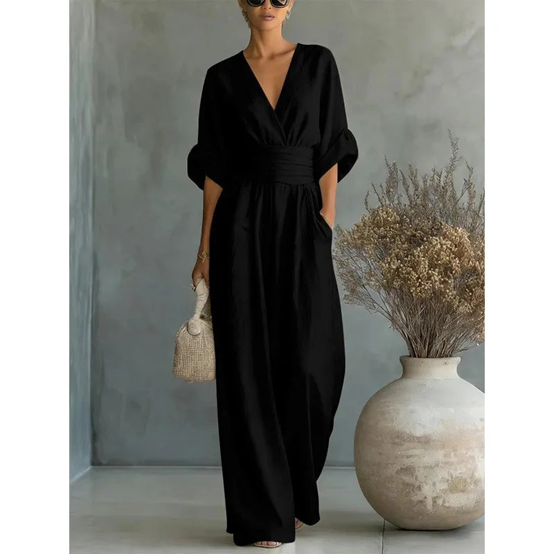 Women's Jumpsuit – V-Neck, High Waist, Wide Leg, Pockets | Elegant Loose Fit