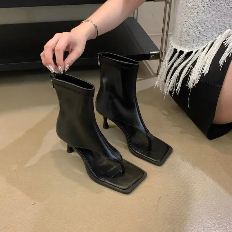 Bottines à Talons Aiguilles en Cuir PU avec Fermeture Éclair - Bout Carré Élégant