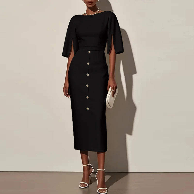 Women's Short-Sleeve Bodycon Dress – Crew Neck, Button Detail, Straight Cut | Office Style