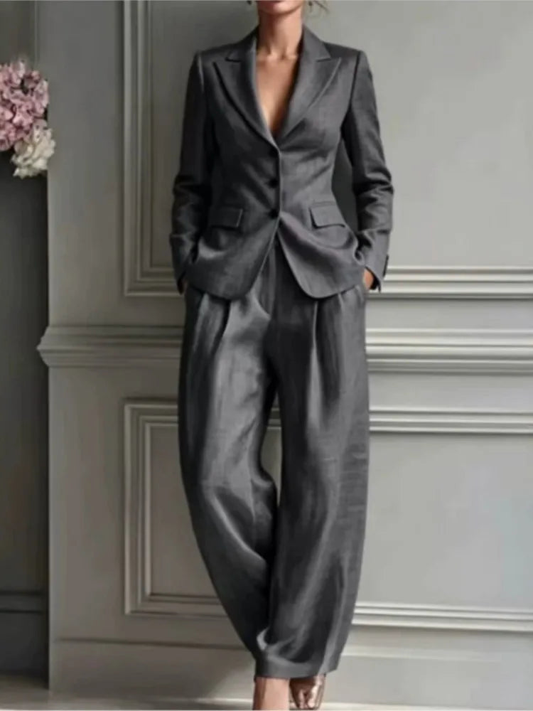 Three-Button Blazer and Wide-Leg Pleated Trousers Set