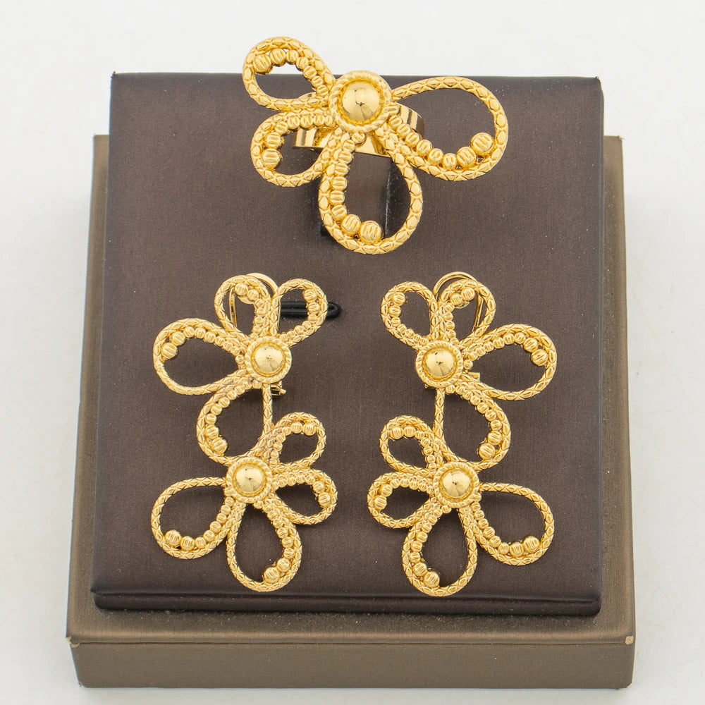 Ensemble Bijoux Bohémien Luxe – Boucles d'Oreilles Clips & Bague Assortie, Plaqué Or 18K, Style Africain