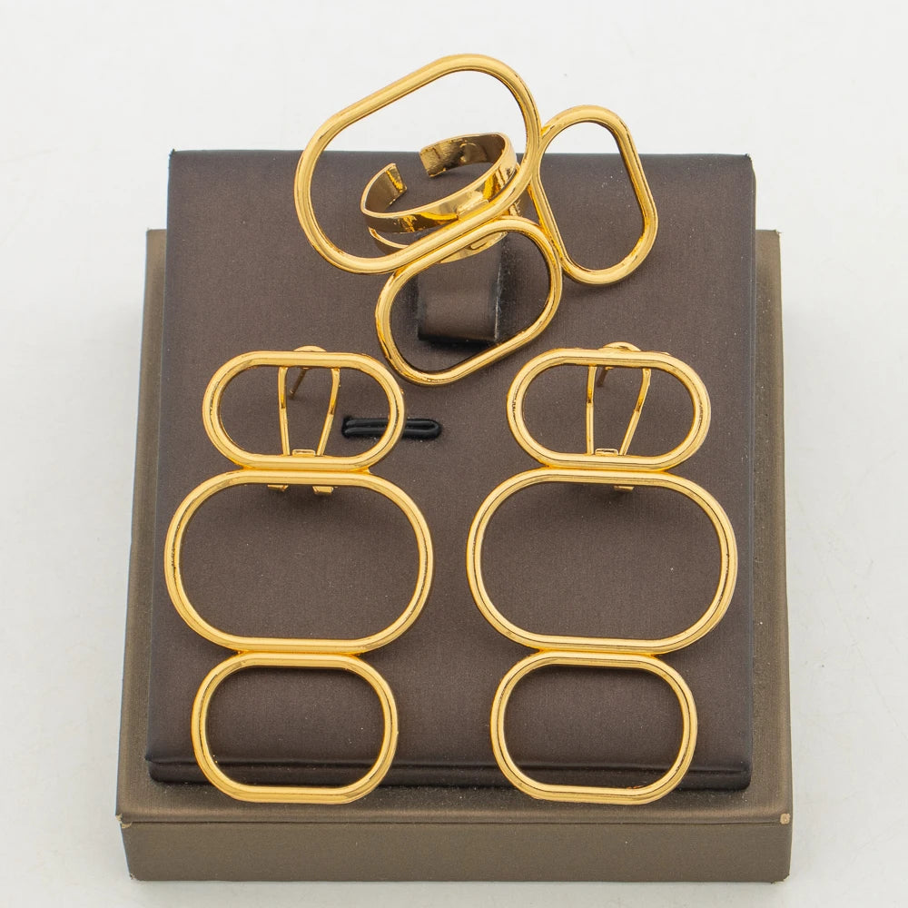 Ensemble Bijoux Bohémien Luxe – Boucles d'Oreilles Clips & Bague Assortie, Plaqué Or 18K, Style Africain