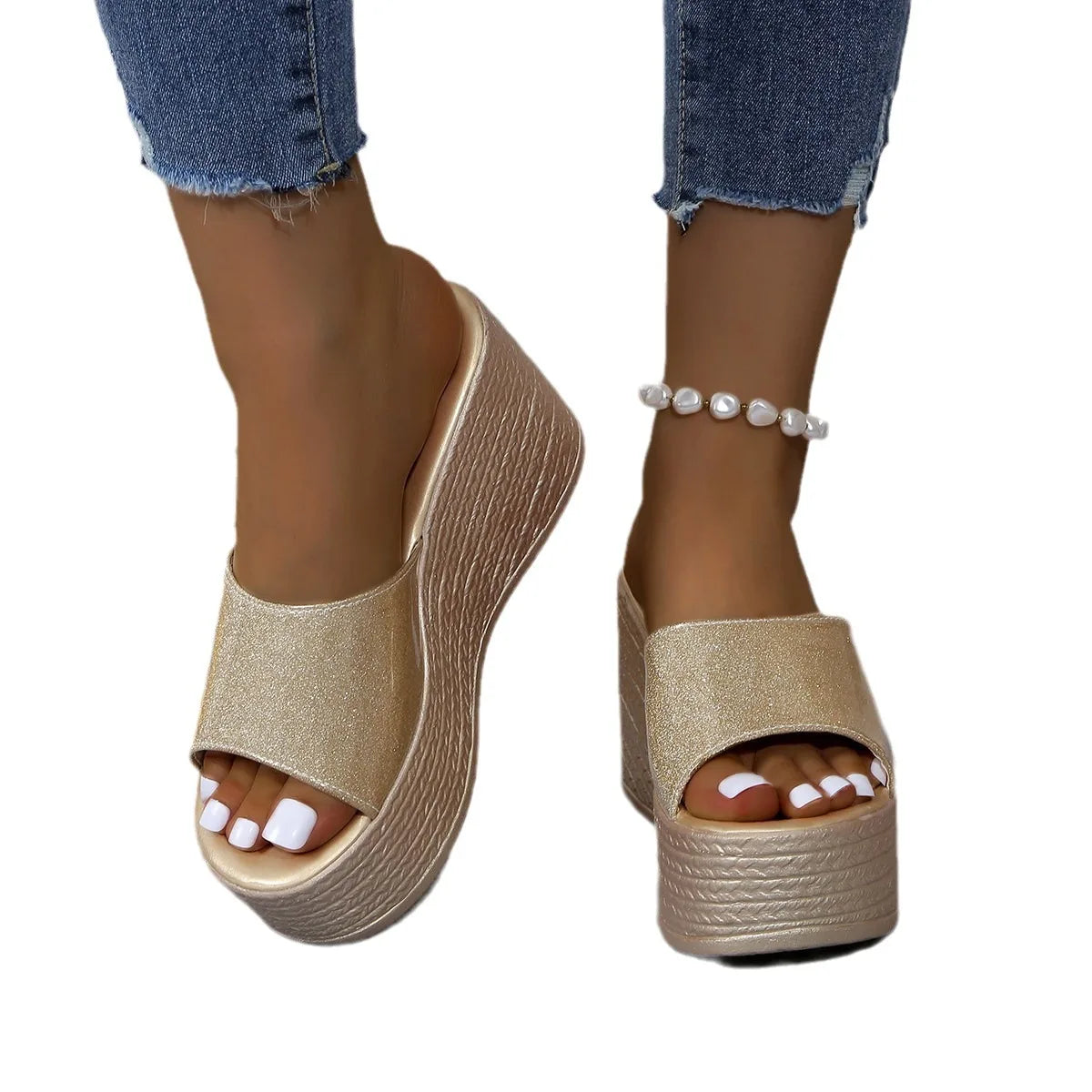 Sandales Compensées Femme Paillettées – Boucle Glamour, Style Gladiateur Été