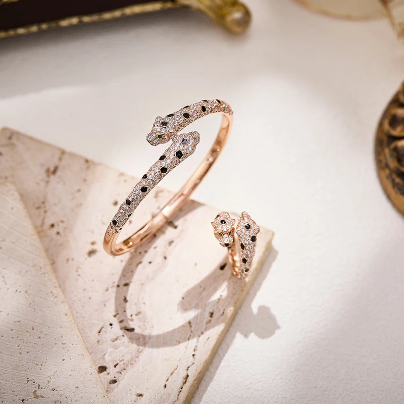 Leopard Head Bracelet & Ring – Gold-Plated Zircon Brass, Luxury Style for Women