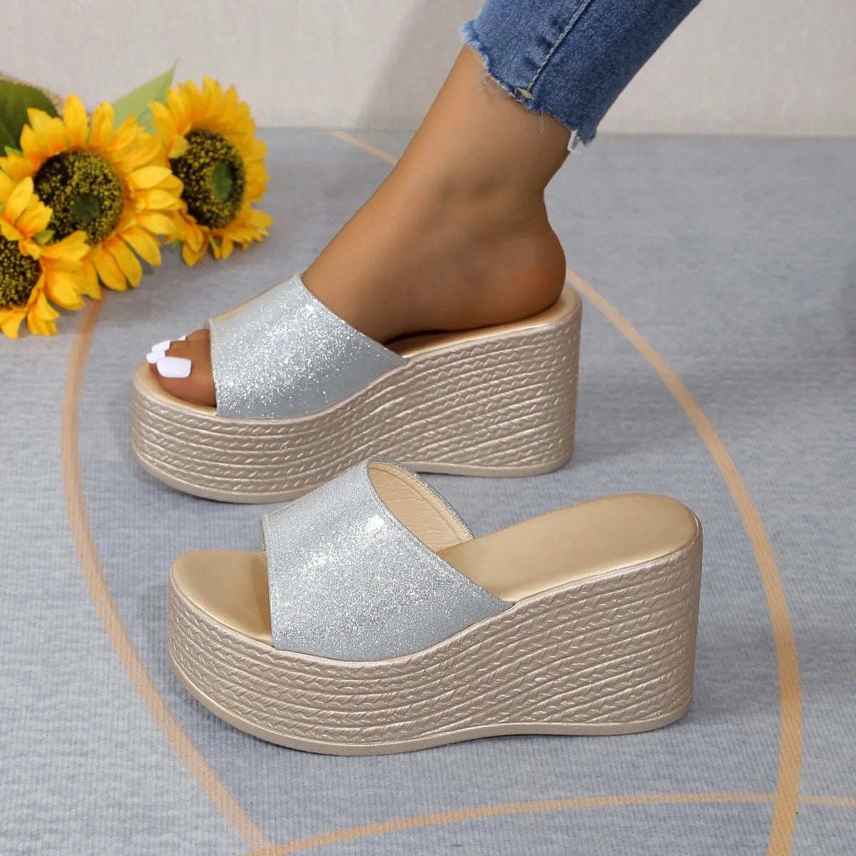 Sandales Compensées Femme Paillettées – Boucle Glamour, Style Gladiateur Été