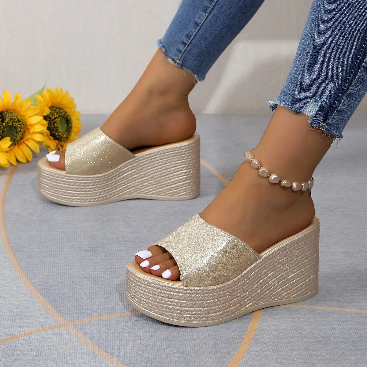 Sandales Compensées Femme Paillettées – Boucle Glamour, Style Gladiateur Été