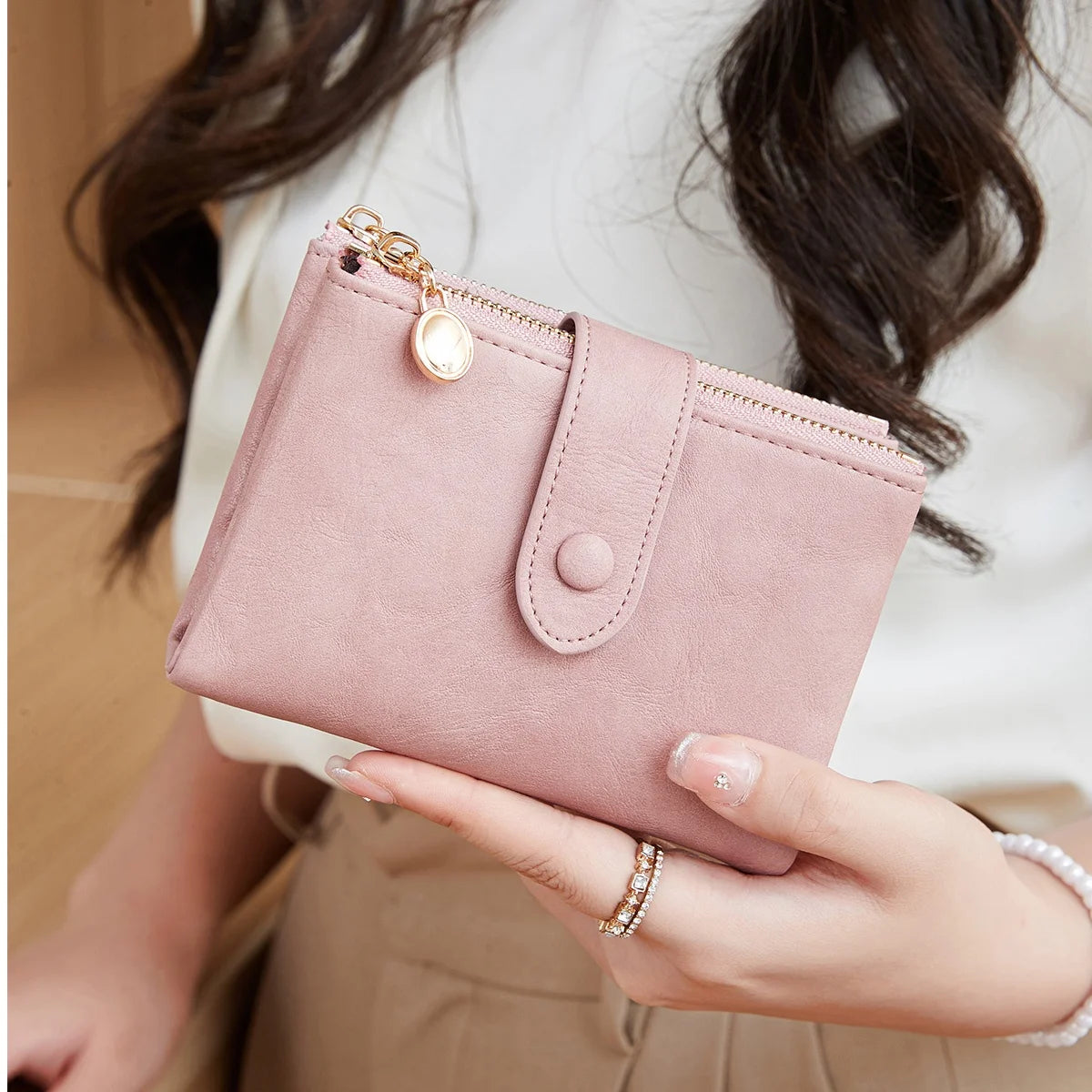 Porte-Monnaie Femme en Cuir PU – Mini Porte-Cartes Pliable, Fermeture Éclair et Boucle