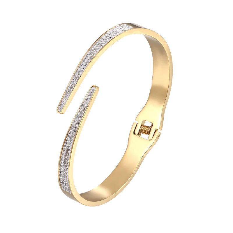 Bracelet Manchette Luxe Zircon – Acier Inoxydable Serti Pavé, Style Géométrique, Pour Femme