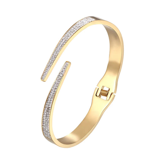 Bracelet Manchette Luxe Zircon – Acier Inoxydable Serti Pavé, Style Géométrique, Pour Femme