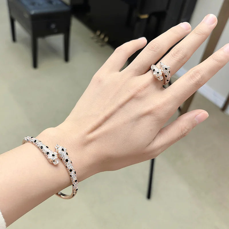 Leopard Head Bracelet & Ring – Gold-Plated Zircon Brass, Luxury Style for Women