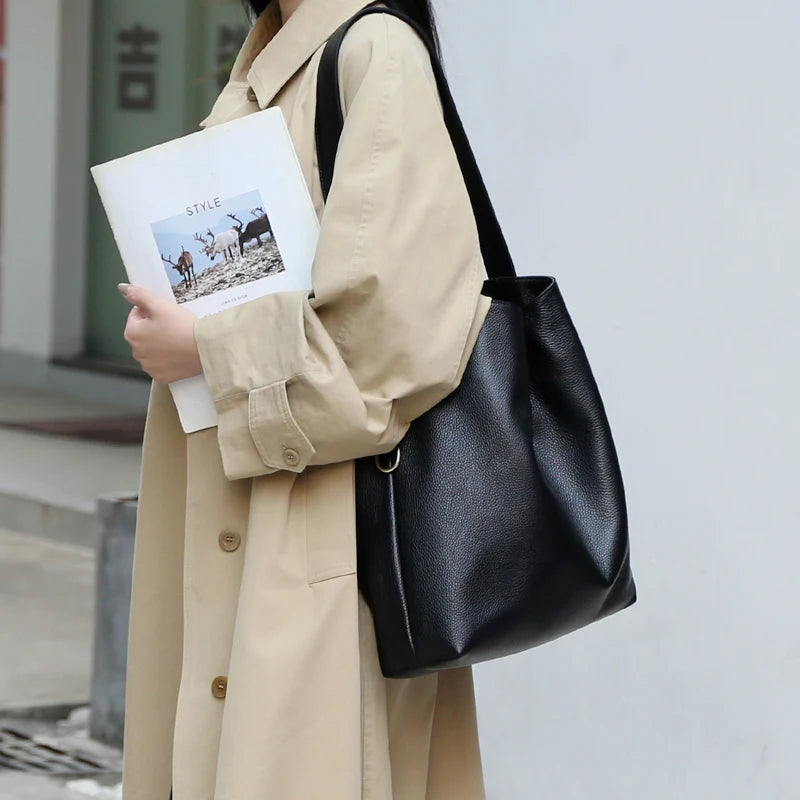 Sac cabas en cuir de vache pleine fleur pour femme - Sac seau luxe grande capacité