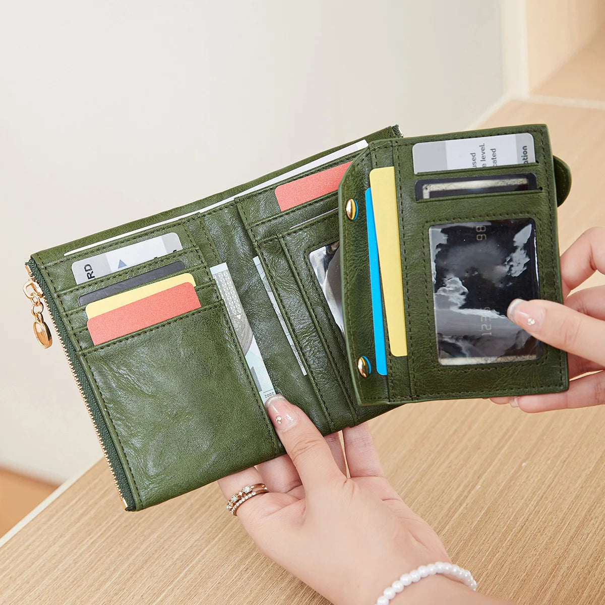 Porte-Monnaie Femme en Cuir PU – Mini Porte-Cartes Pliable, Fermeture Éclair et Boucle