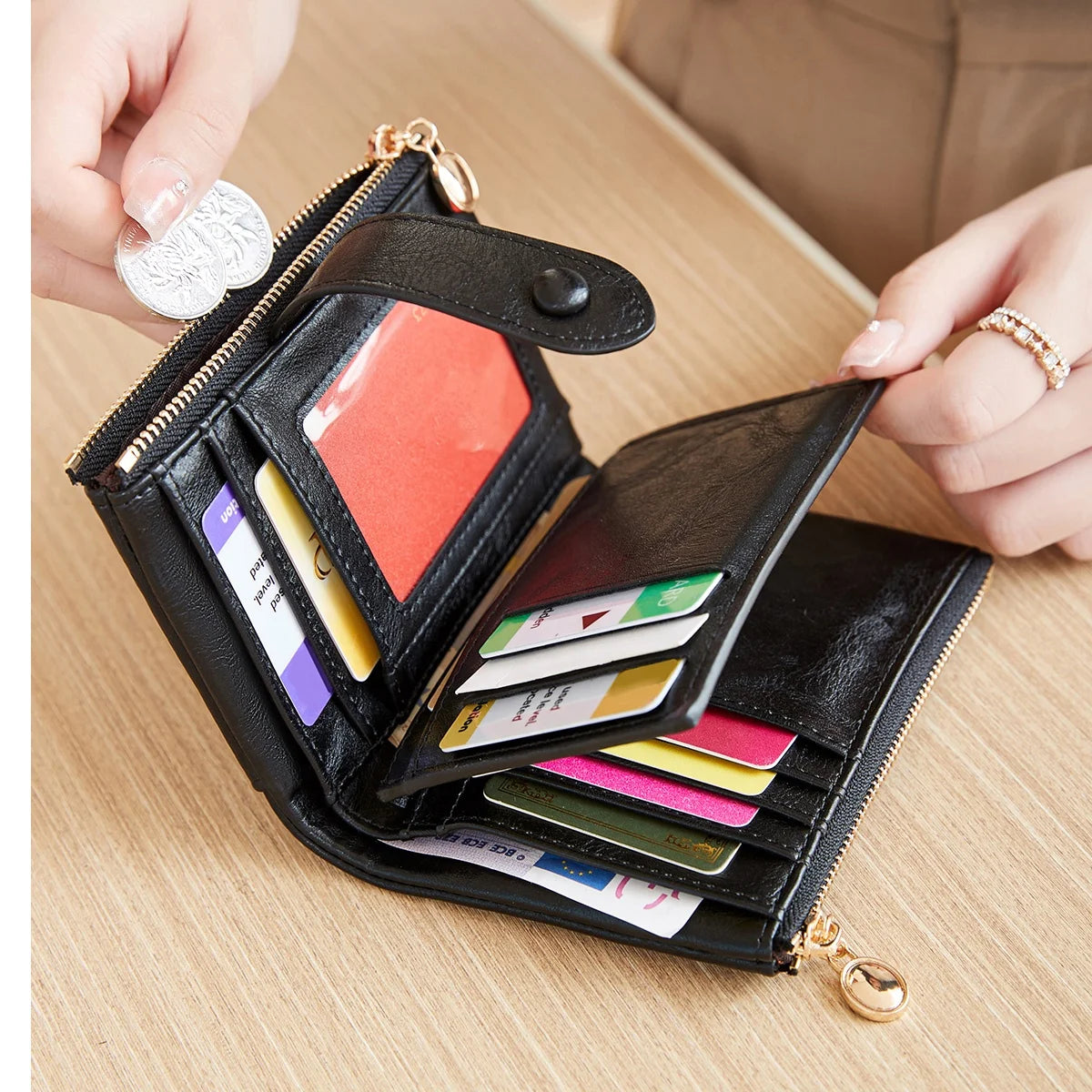 Porte-Monnaie Femme en Cuir PU – Mini Porte-Cartes Pliable, Fermeture Éclair et Boucle