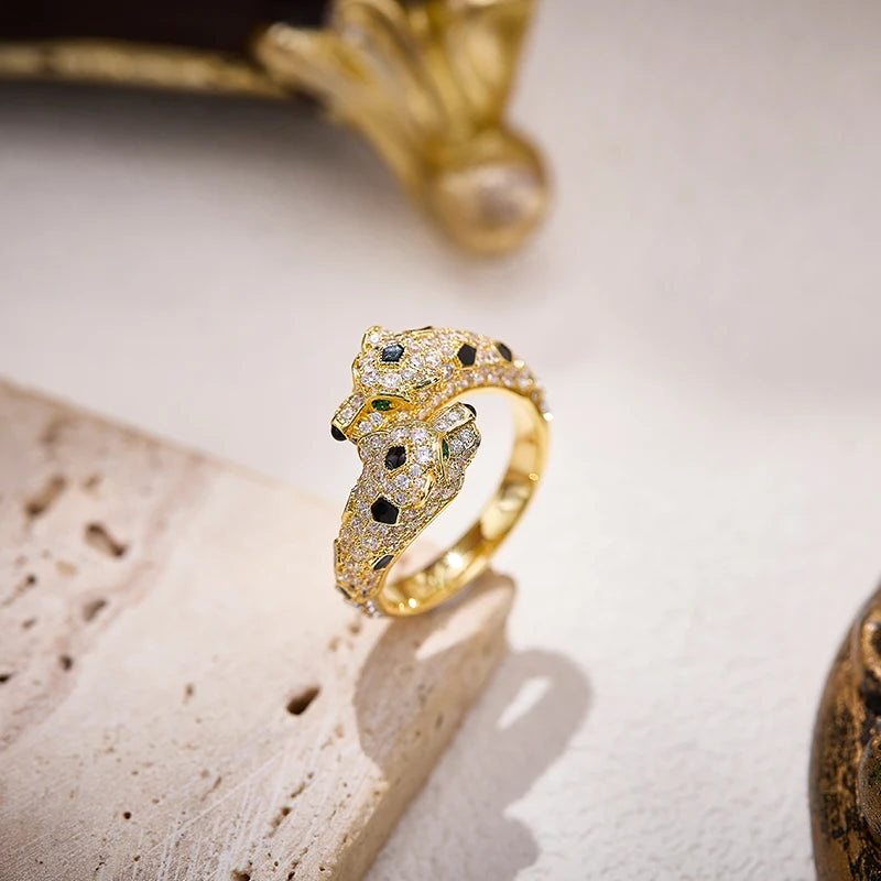 Leopard Head Bracelet & Ring – Gold-Plated Zircon Brass, Luxury Style for Women