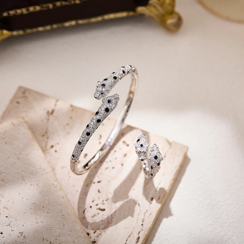 Leopard Head Bracelet & Ring – Gold-Plated Zircon Brass, Luxury Style for Women