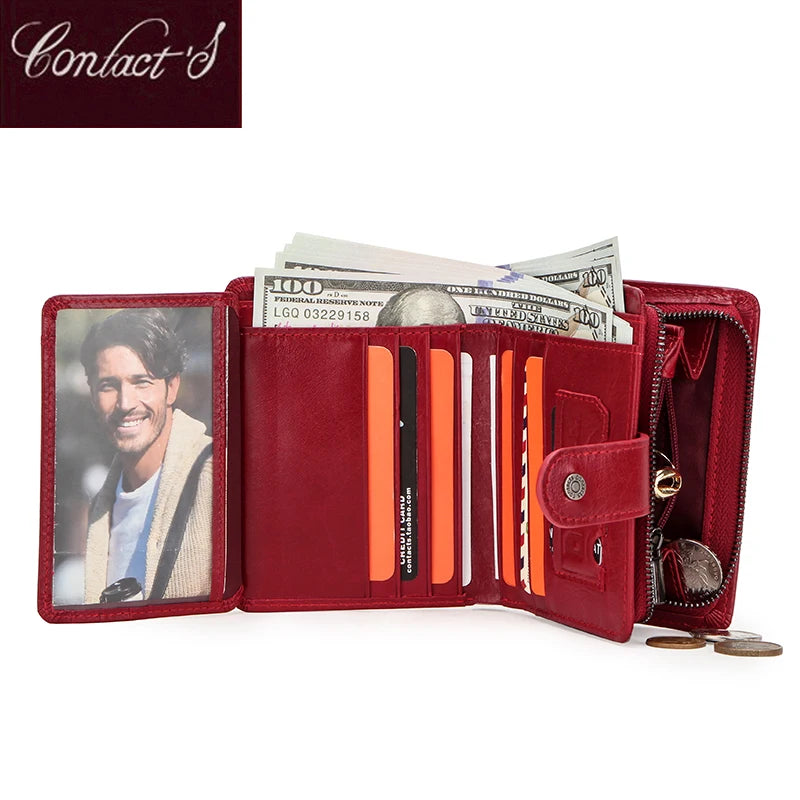 Genuine Leather Women's Wallet – RFID Blocking, 9 Card Slots, Photo Holder