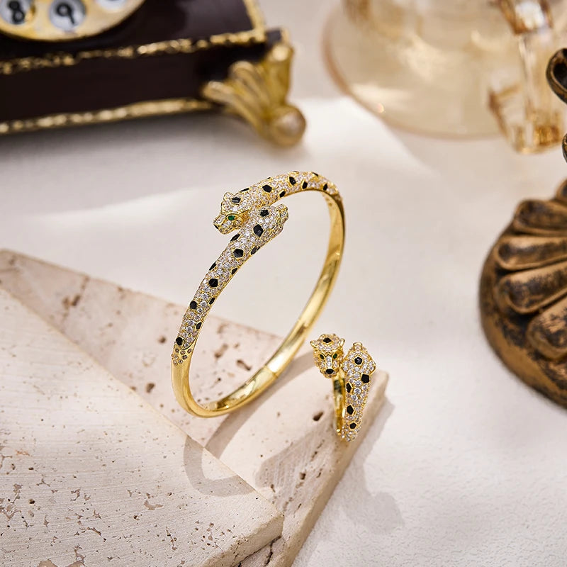 Leopard Head Bracelet & Ring – Gold-Plated Zircon Brass, Luxury Style for Women