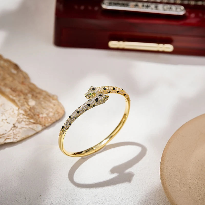 Leopard Head Bracelet & Ring – Gold-Plated Zircon Brass, Luxury Style for Women