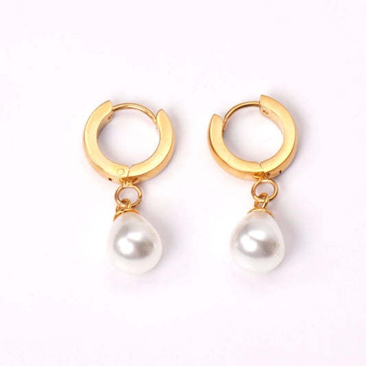 Boucles d'Oreilles Créoles Perle Simulée – Acier Inoxydable Plaqué Or 24K, Style Tendance