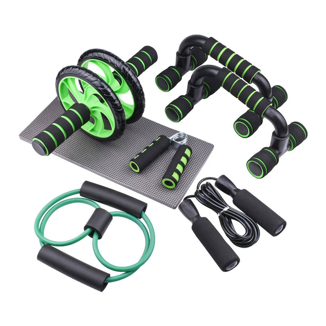 Ensemble Gym – Roue Abdominale, Barres de Pompes, Corde à Sauter & Accessoires