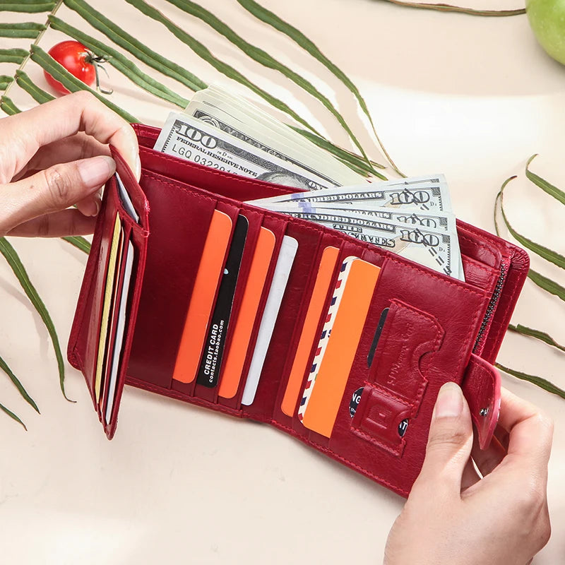 Genuine Leather Women's Wallet – RFID Blocking, 9 Card Slots, Photo Holder