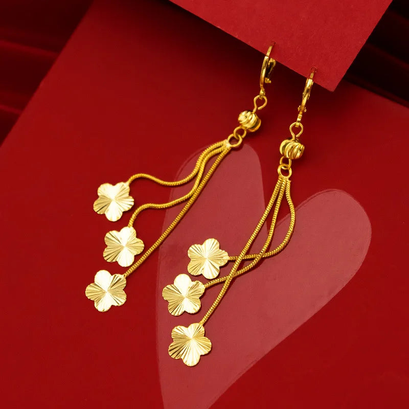 Plum Blossom Drop Earrings – Gold-Plated Brass, Agate Stone, Ethnic Style