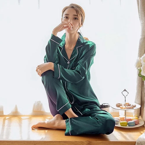 Ensemble Pyjama Femme Satiné – Haut Boutonné & Pantalon, Grande Taille
