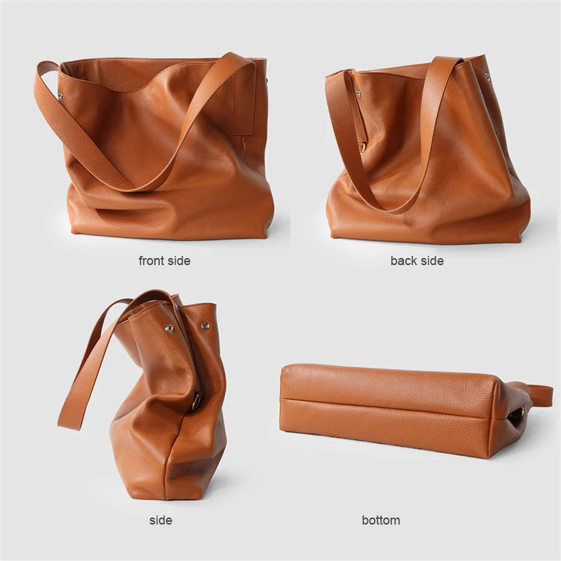 Sac cabas en cuir de vache pleine fleur pour femme - Sac seau luxe grande capacité