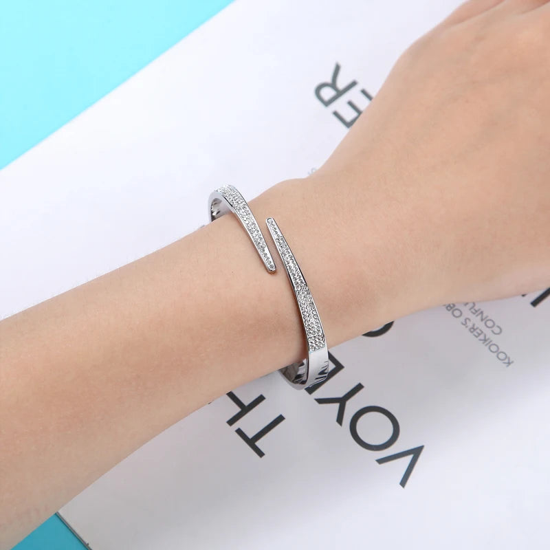 Bracelet Manchette Luxe Zircon – Acier Inoxydable Serti Pavé, Style Géométrique, Pour Femme