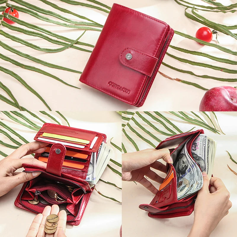 Genuine Leather Women's Wallet – RFID Blocking, 9 Card Slots, Photo Holder